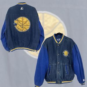 Rare VTG 90s Starter NBA Varsity Golden State Warriors Denim Jean Jacket Quilted